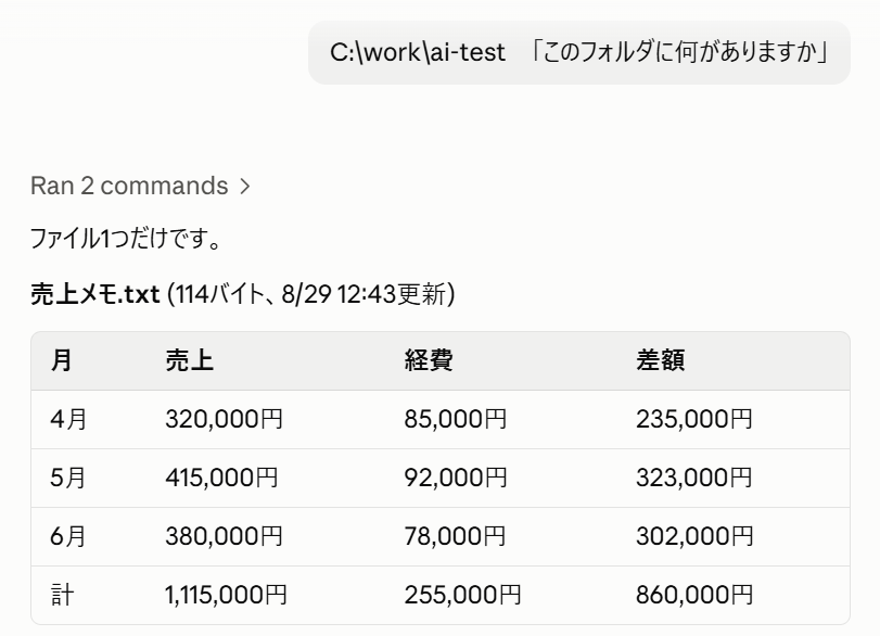 動作確認:フォルダの中身を答えている画面